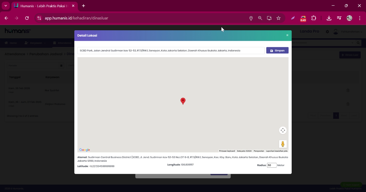 Data klien dan lokasi yang sudah terisi