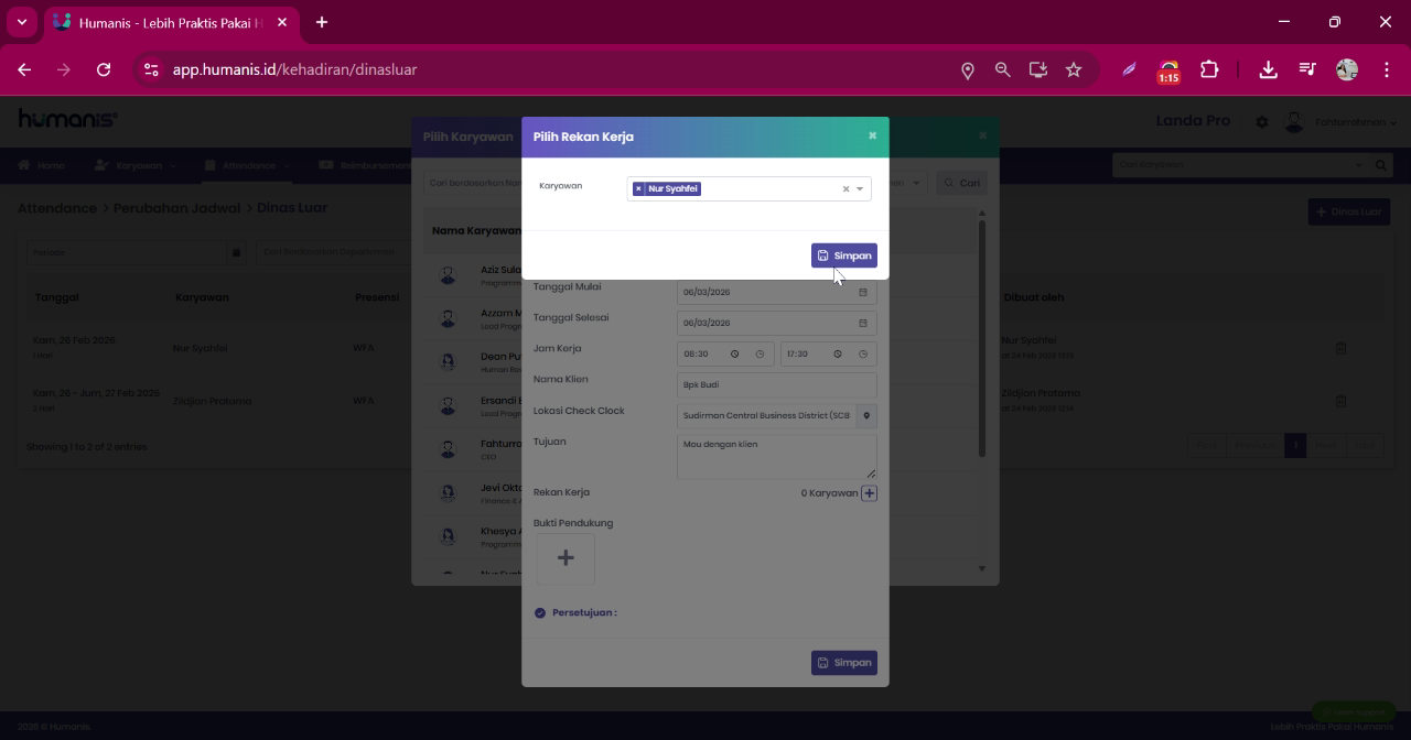 Input Rekan Kerja yang melakukan dinas luar