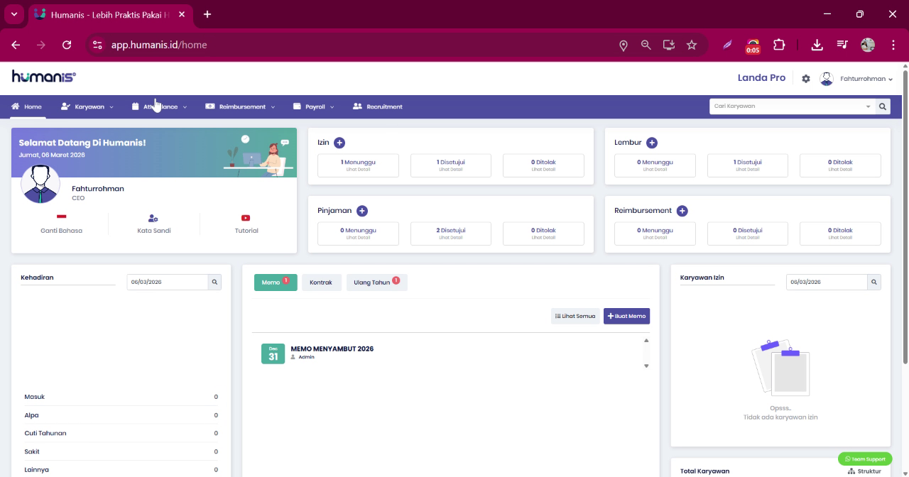 Klik menu Attendance di aplikasi Humanis