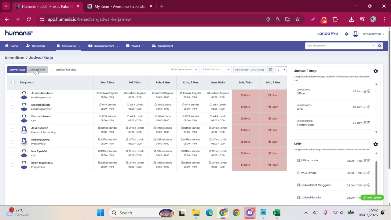 Tab Jadwal Shift untuk mengubah jadwal karyawan shift