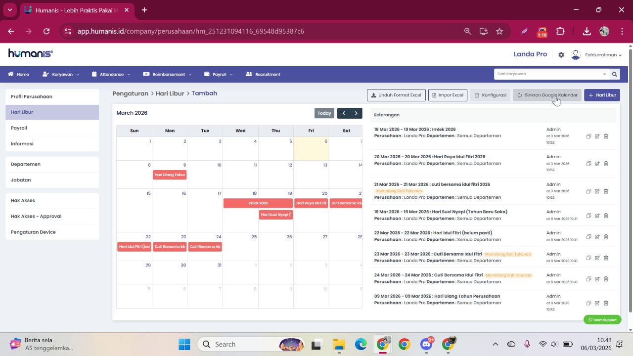 Tombol Sinkron untuk sinkronisasi Google Calendar