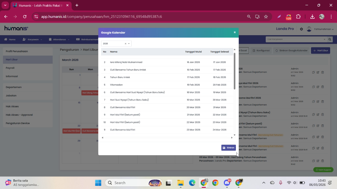 Preview daftar hari libur dari Google Calendar