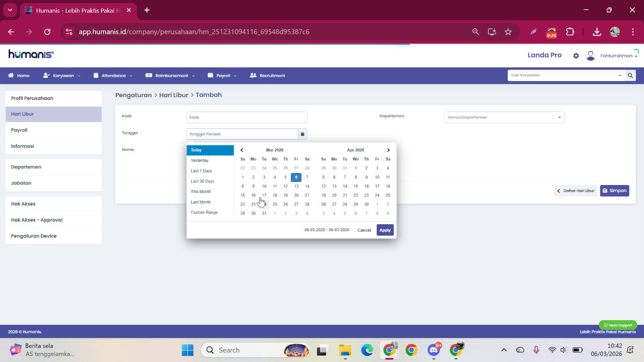Contoh input tanggal 9 sebagai hari libur