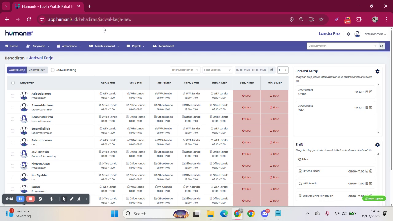 Menu Attendance dan pilih Jadwal Kerja