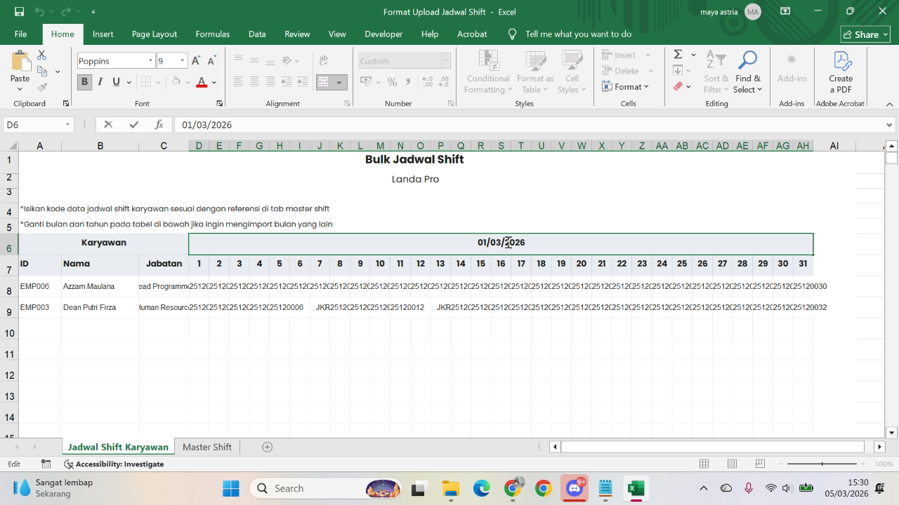 Master Shift sheet di file Excel