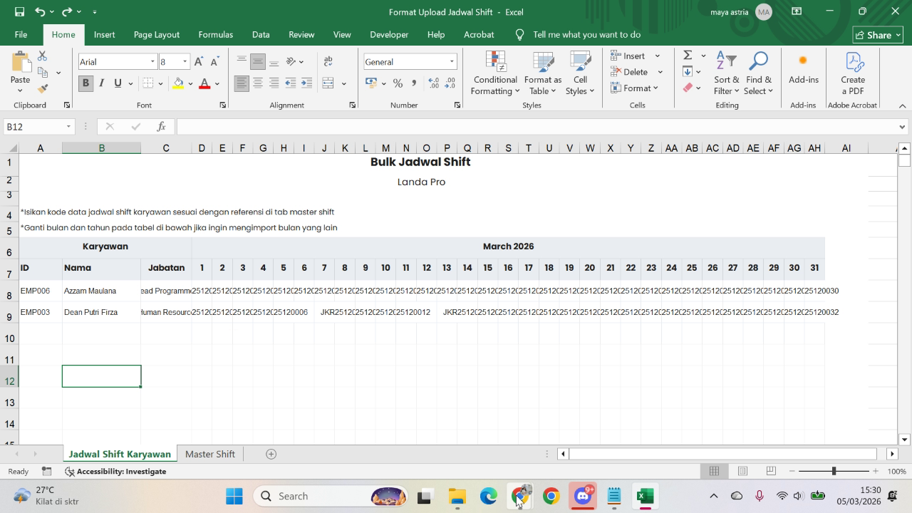 Template Excel untuk atur jadwal per bulan