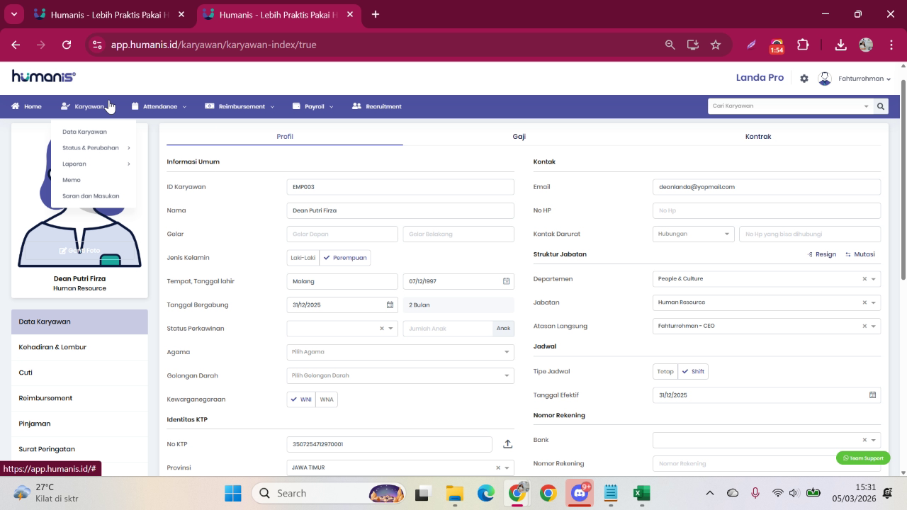 Menu Karyawan di sistem Humanis