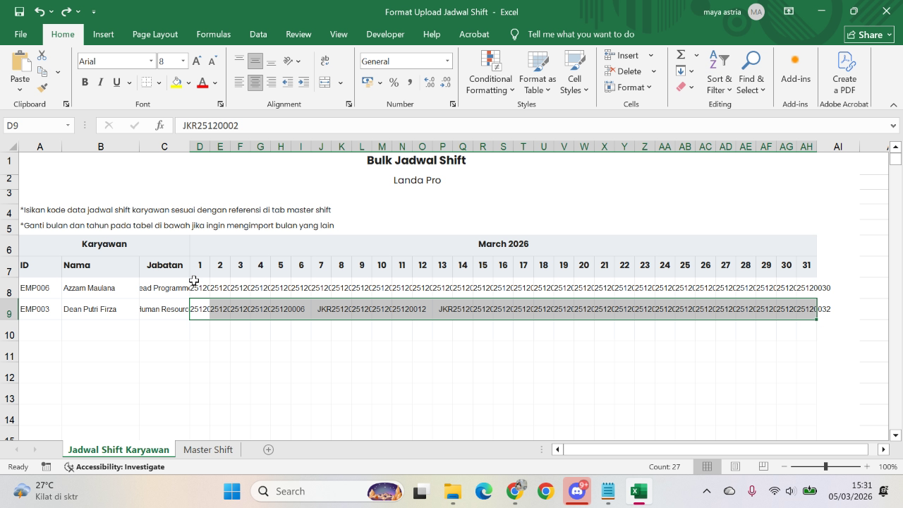 Master Shift sheet dengan pola jadwal