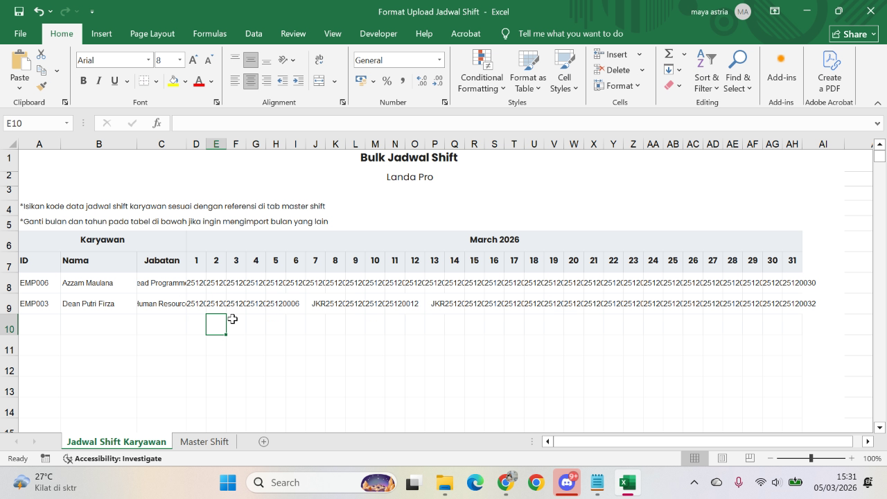 Data karyawan yang sudah lengkap di Excel