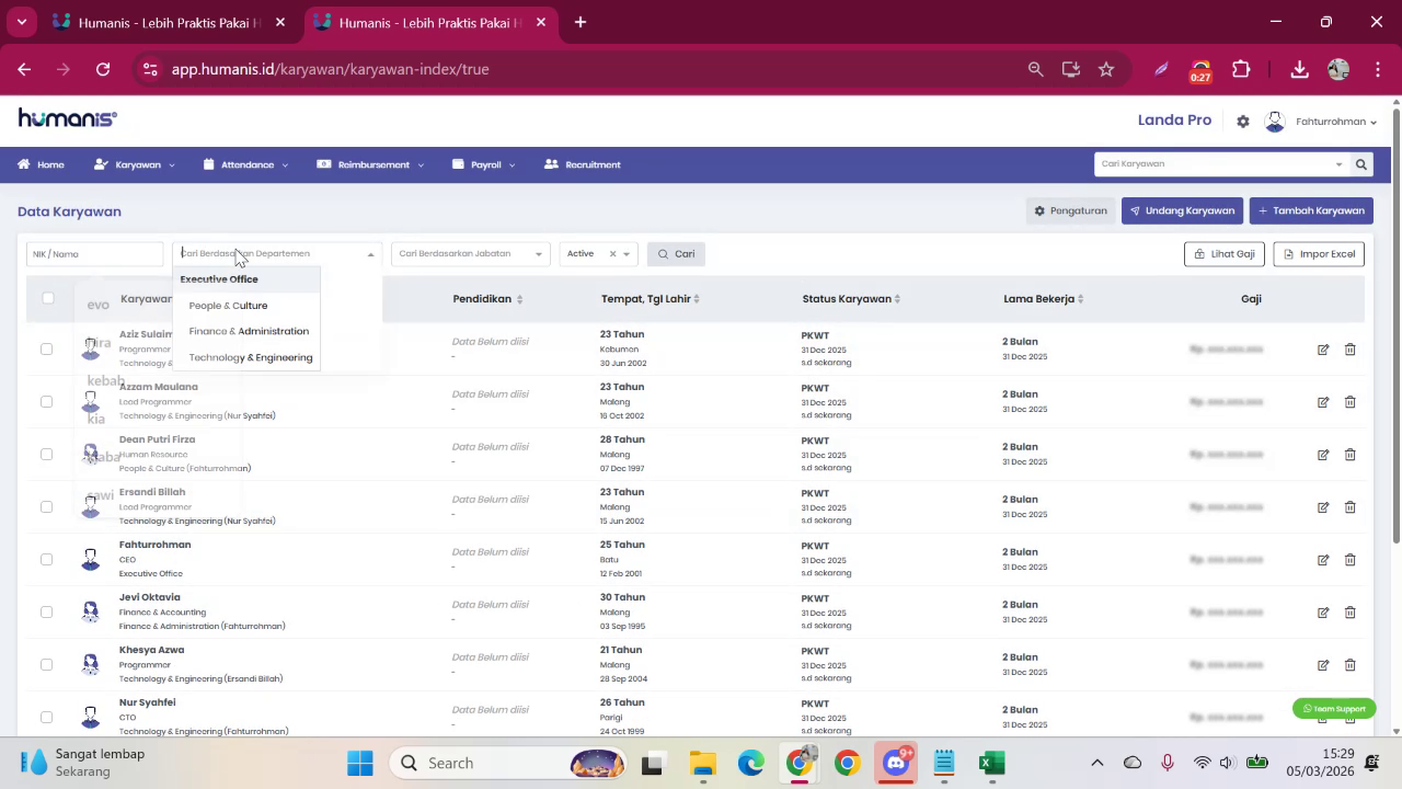 Menu Karyawan dan Data Karyawan