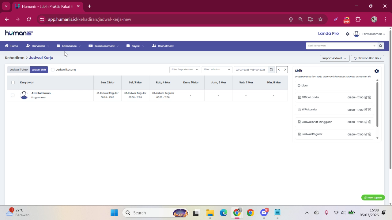 Pilih submenu Jadwal Kerja