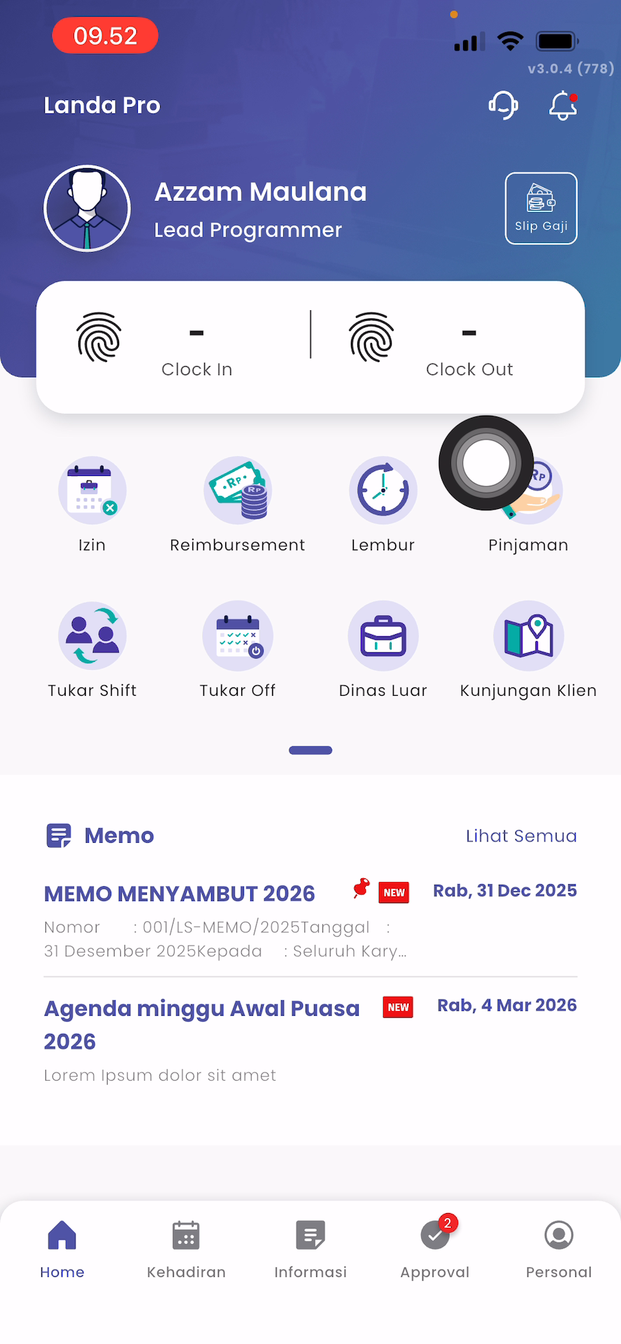Menu Clock In dan Clock Out