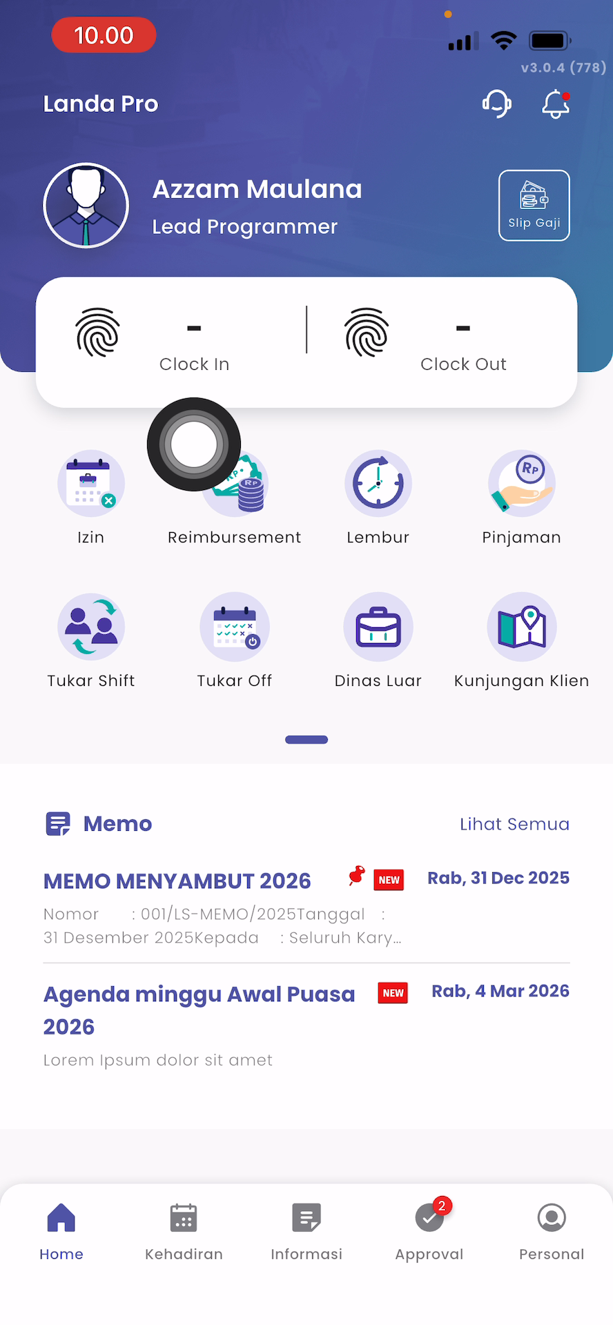 Memilih Menu Clock In atau Clock Out