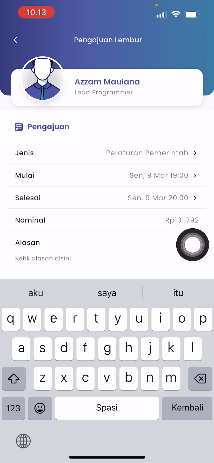 Kolom Alasan Lembur