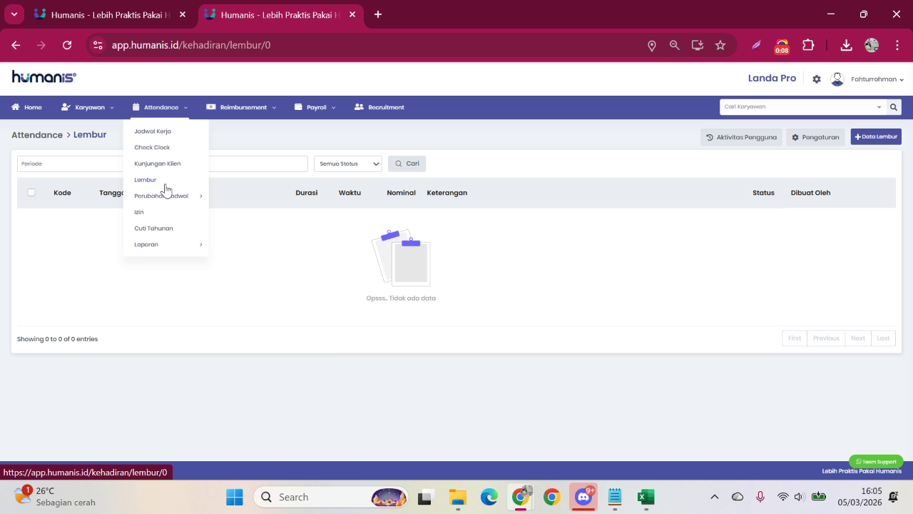Submenu Lembur