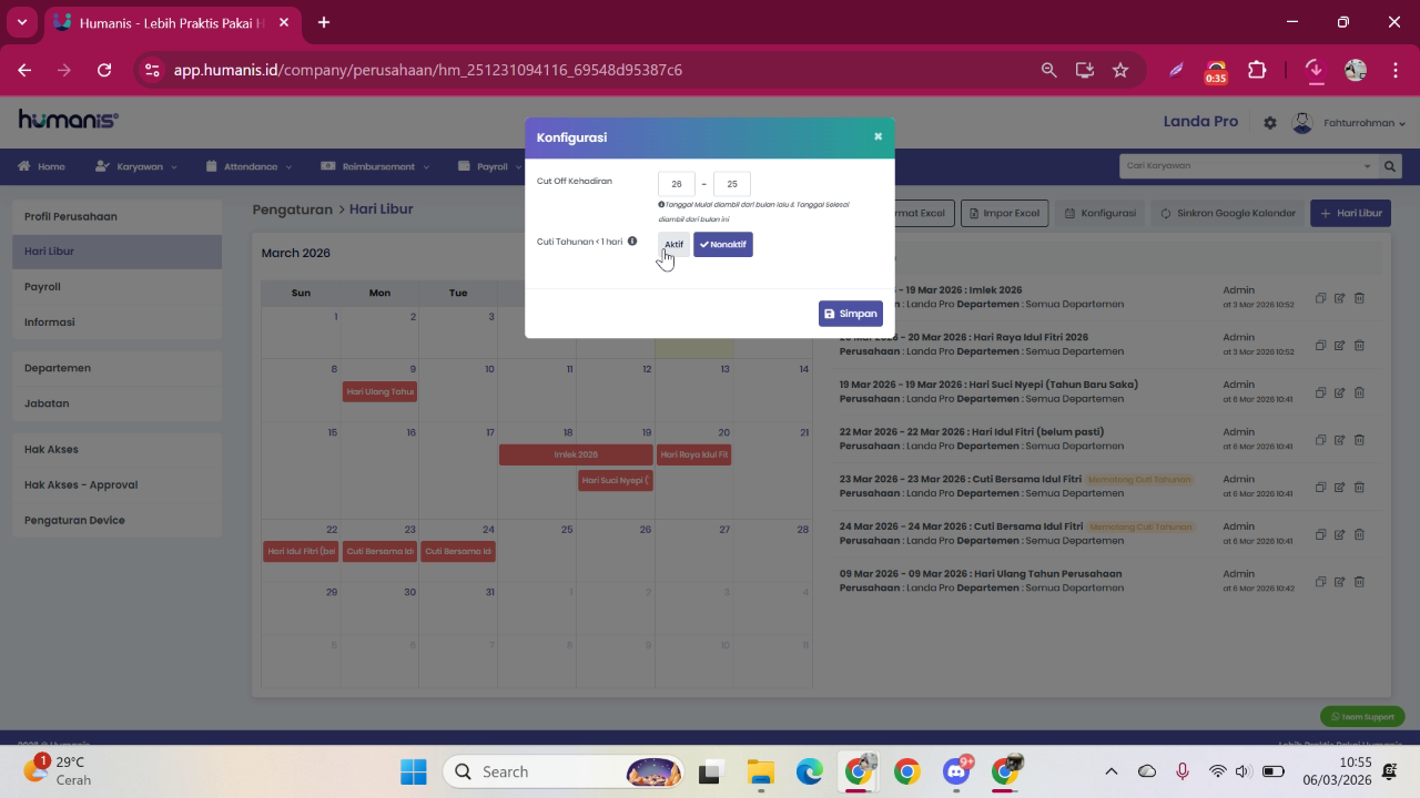 Aktifkan fitur Cuti tahunan kurang dari satu hari
